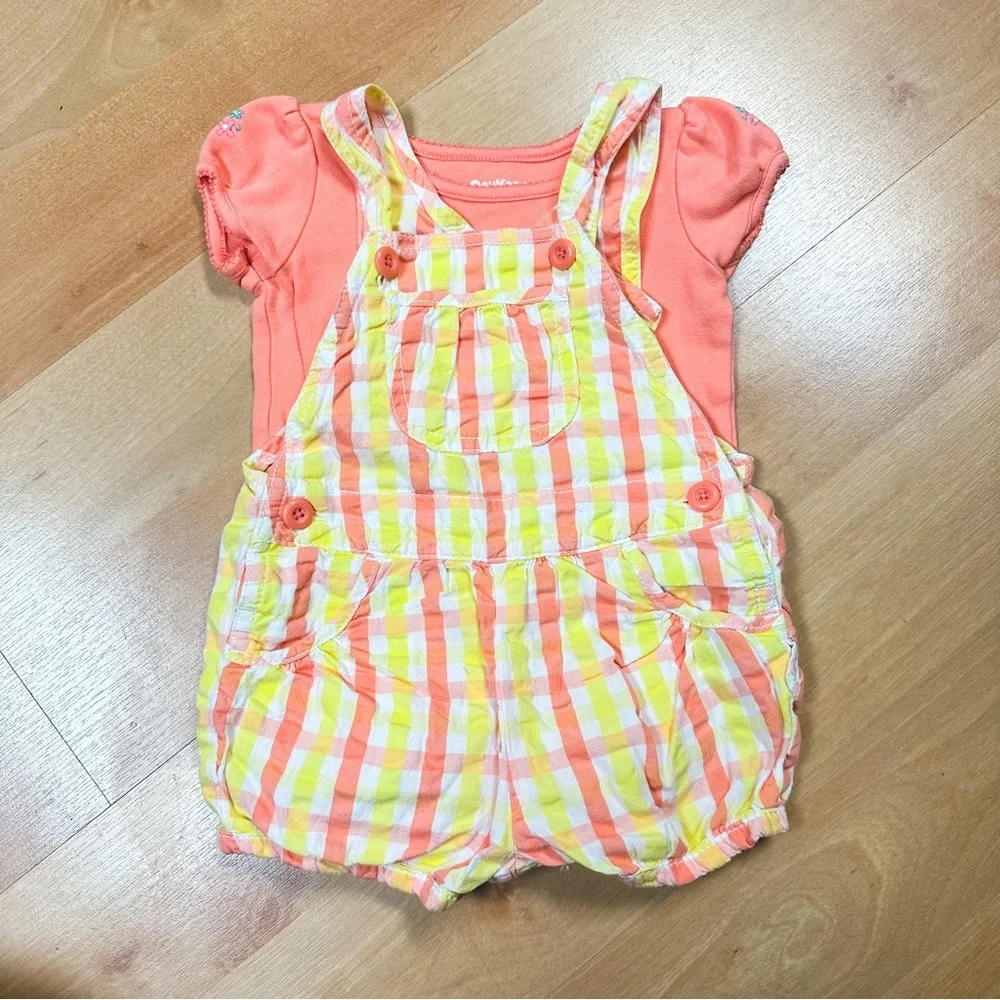Oshkosh Yellow & Orange Plaid Vestbak Shortall Overalls Baby Girl Size 12M